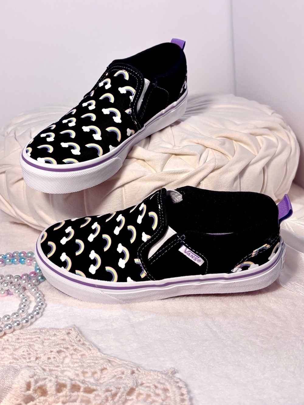 NWOT Vans Rainbow Cloud Slip‑Ons | Youth 1.0 | Lavender Trim - Picture 10 of 12
